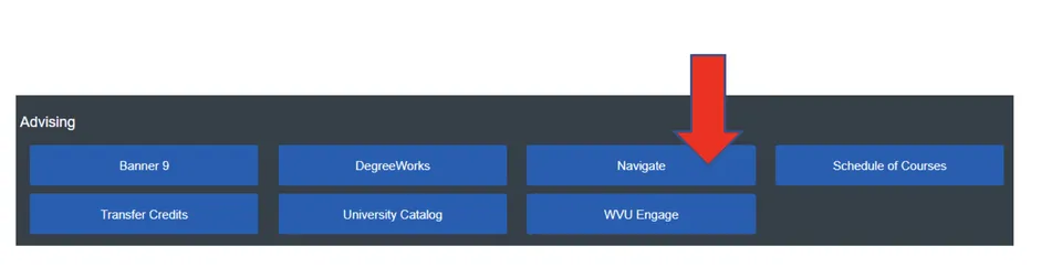 picture of showing how to go to Navigate through the WVU portal or by going directly to the website (https://wvu.campus.eab.com/home ).